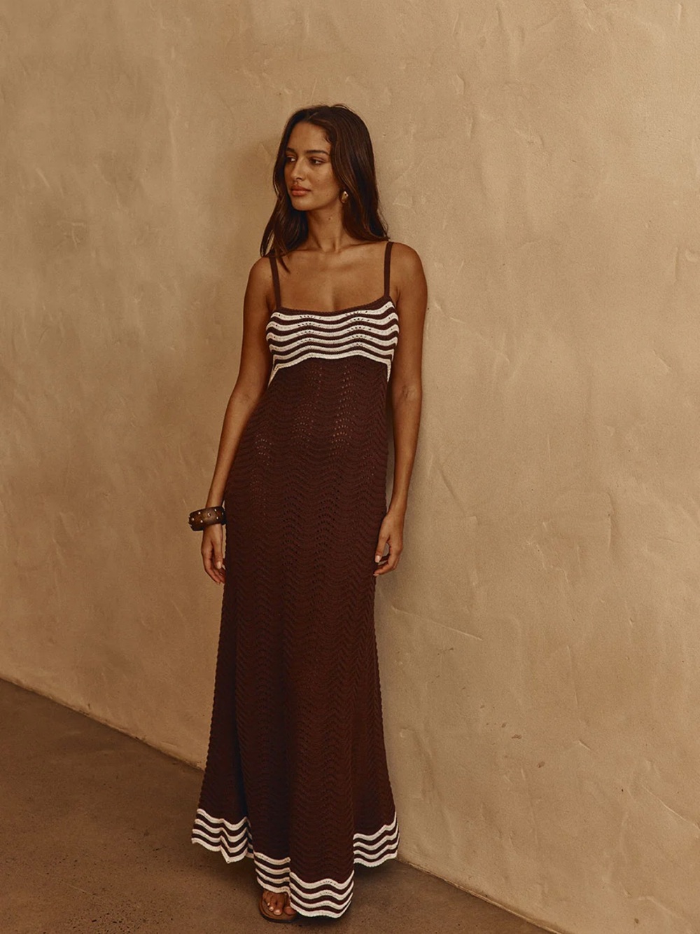 New Sabo Scallop Brown Maxi Crochet Dress White Stripe Accents Coastal Chic